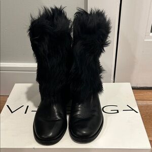 Via Spiga V-Kaya Black Fur-Trimmed Women's Boots, Size 7